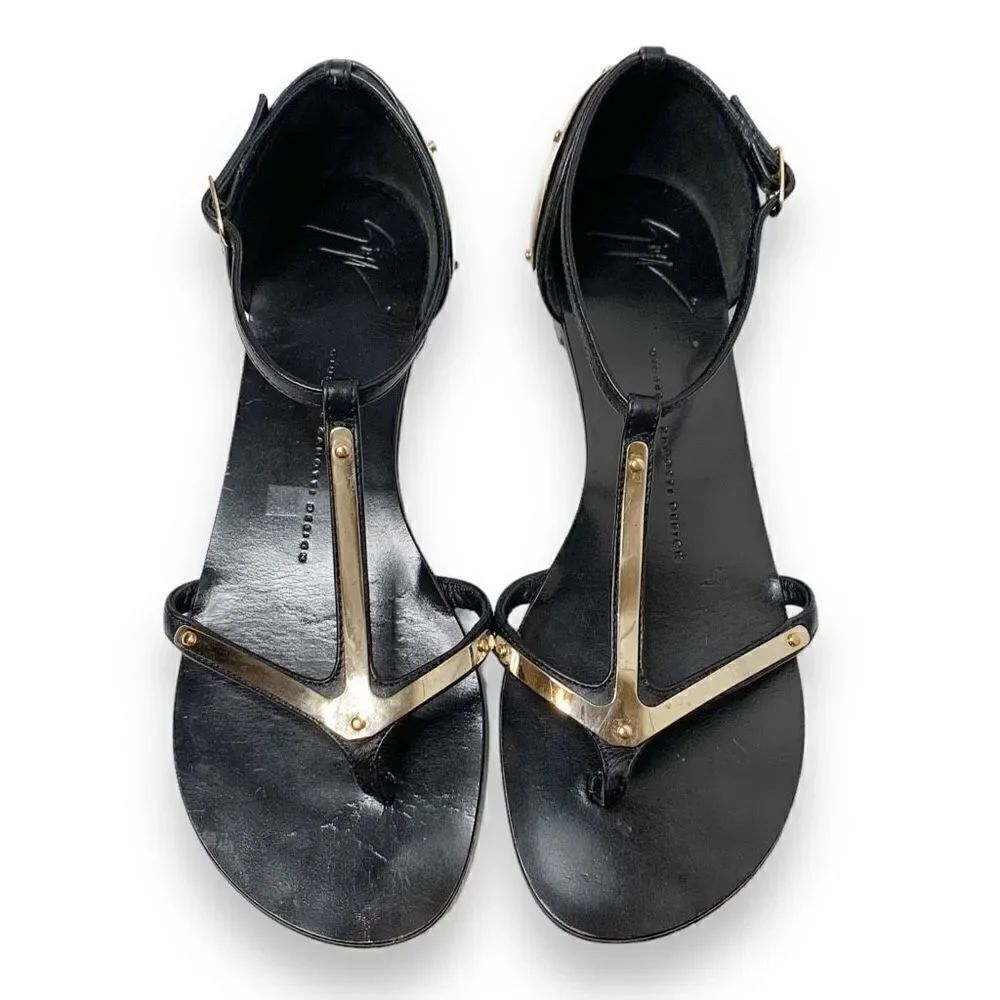 Giuseppe Zanotti Italian Black Leather Gold Metal Women’s Sandals Sz 38 (7.5 US) - Picture 2 of 8